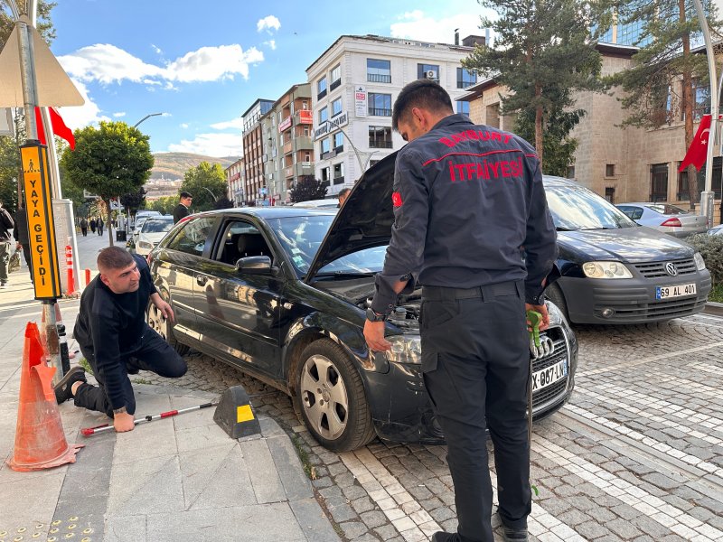 Bayburt’ta Park Halindeki Aracın Motoruna Kedi Sıkıştı!