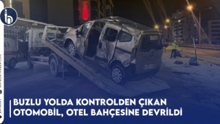 Buzlu Yolda Kontrolden Çıkan Otomobil, Otel Bahçesine Devrildi